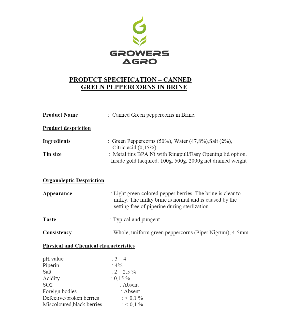 Canned Green Peppercorns In Brine Growers Agro